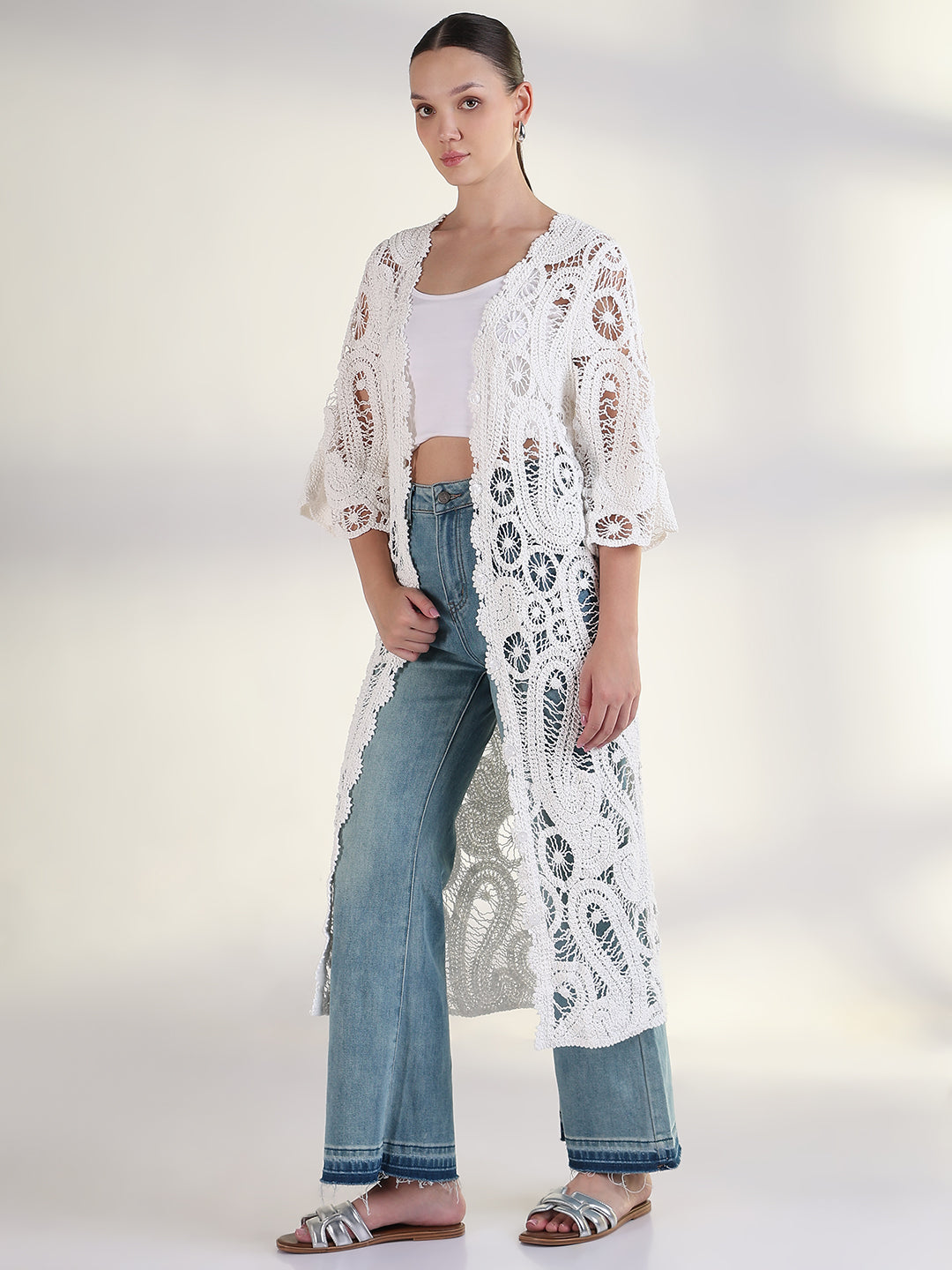 Women's Self Design White Longline Crochet Shrug