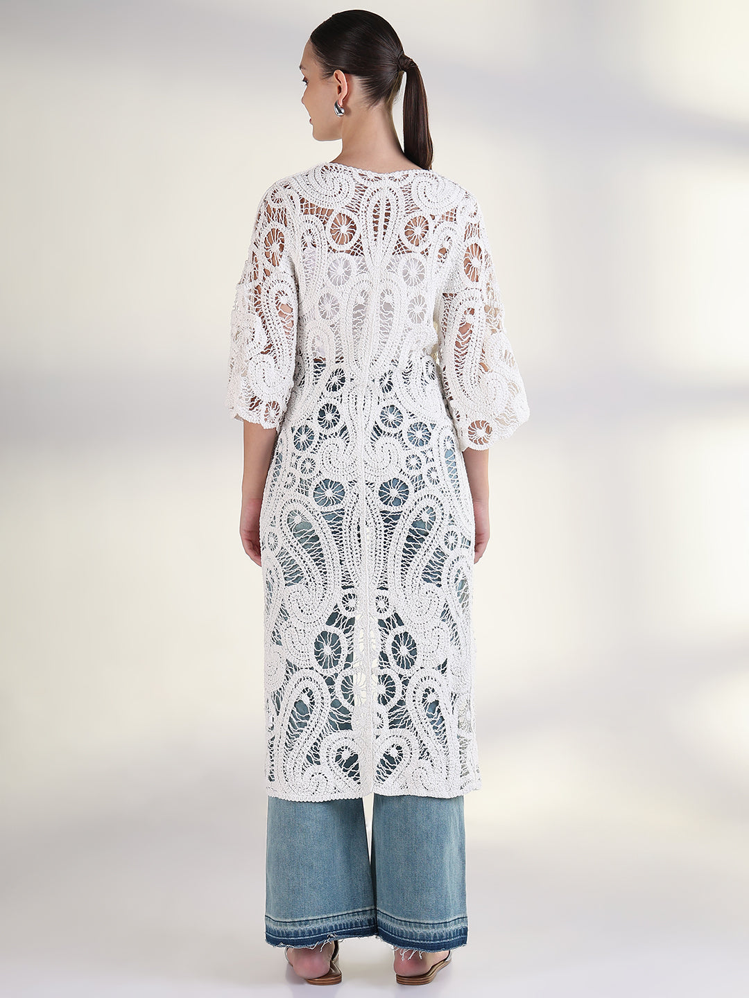 Women's Self Design White Longline Crochet Shrug