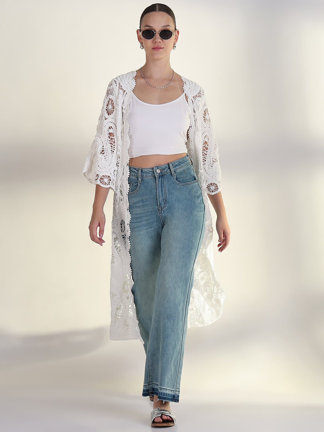 Women's Self Design White Longline Crochet Shrug