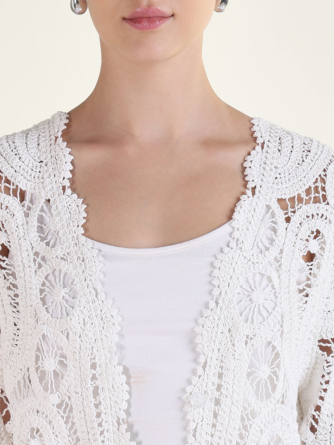 Women's Self Design White Longline Crochet Shrug