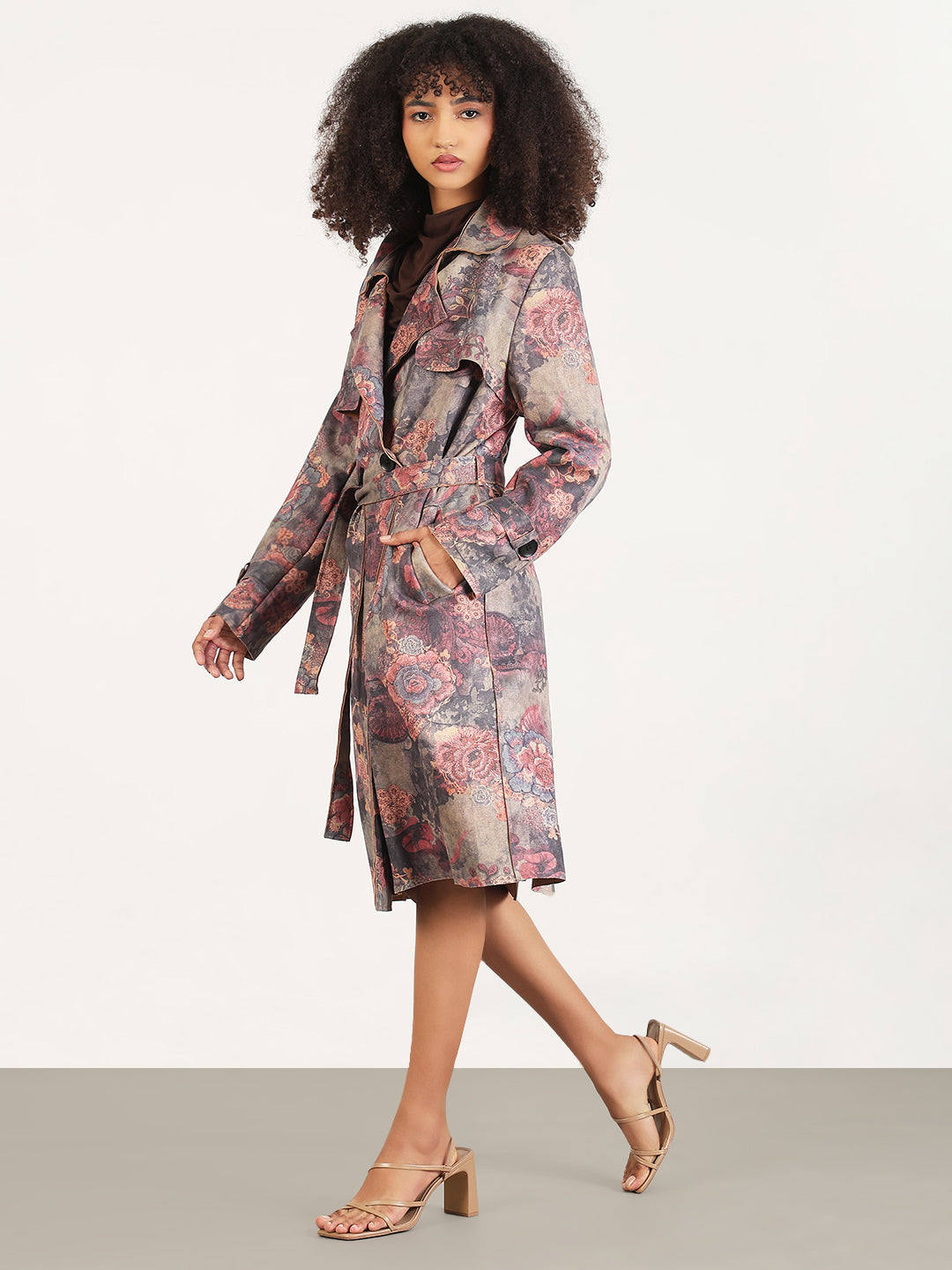 Women's Floral Grey Lapel Collar Longline Trench Coat with Fabric Belt