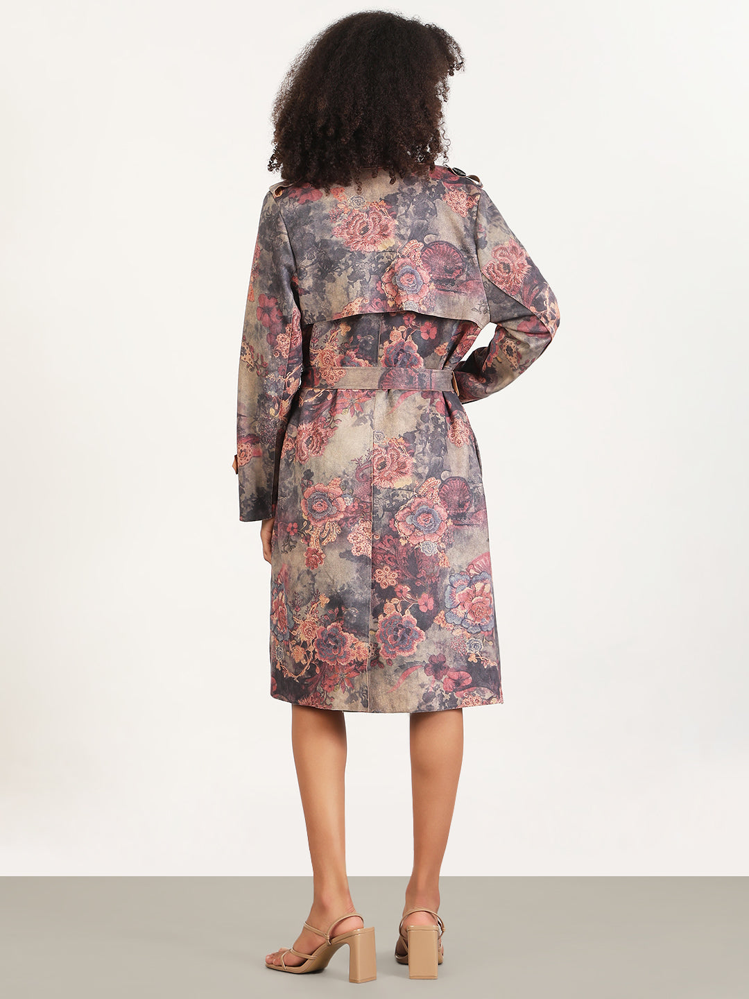 Women's Floral Grey Lapel Collar Longline Trench Coat with Fabric Belt