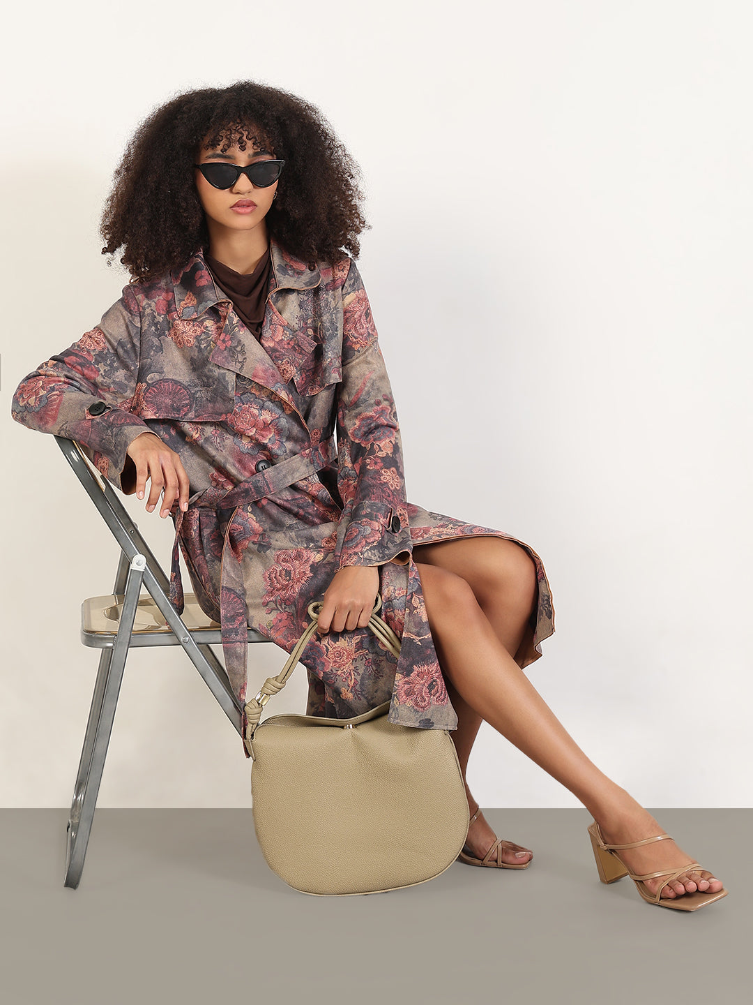 Women's Floral Grey Lapel Collar Longline Trench Coat with Fabric Belt