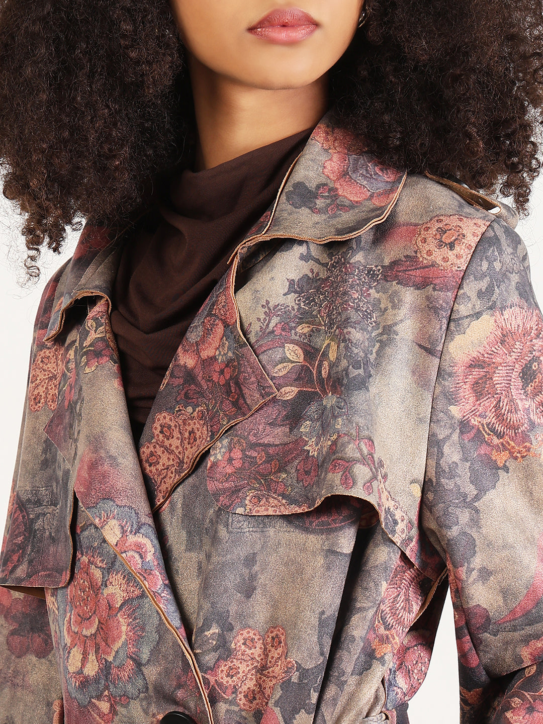 Women's Floral Grey Lapel Collar Longline Trench Coat with Fabric Belt