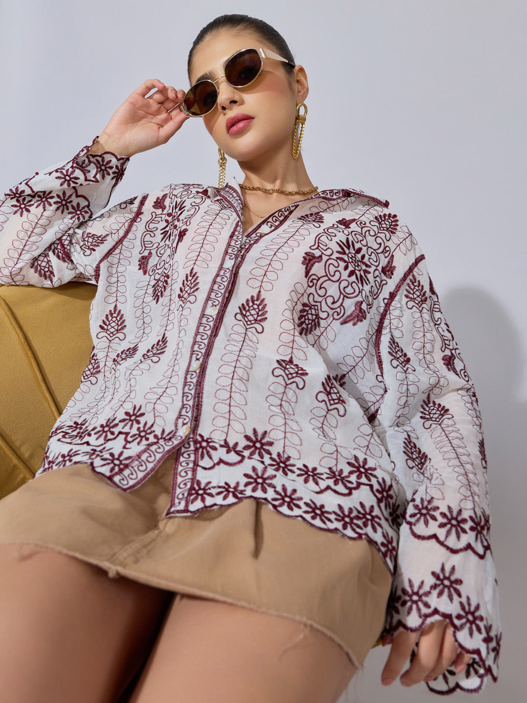 Women's Embroidered Maroon Shirt with Scalloped Hem