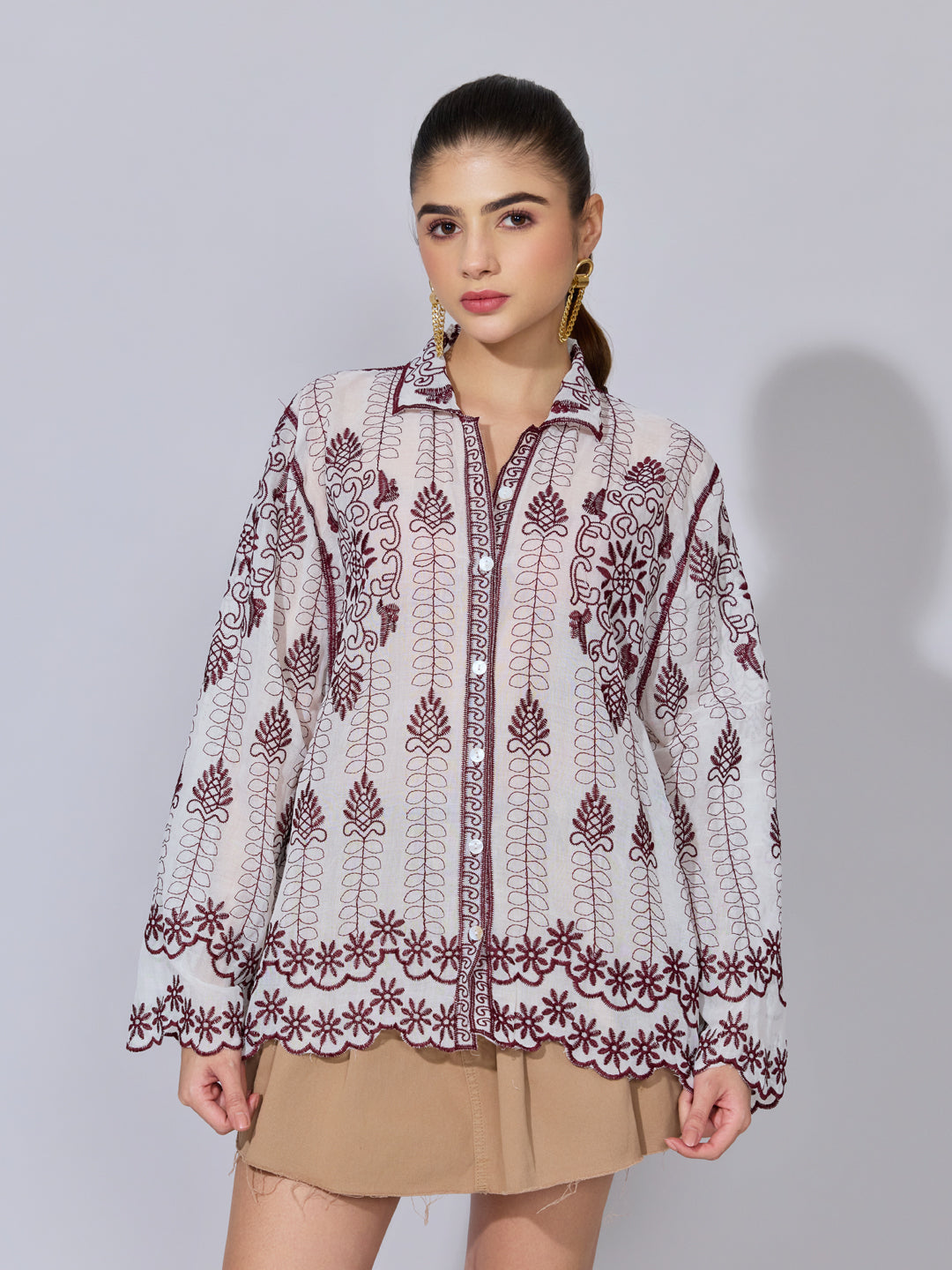 Women's Embroidered Maroon Shirt with Scalloped Hem