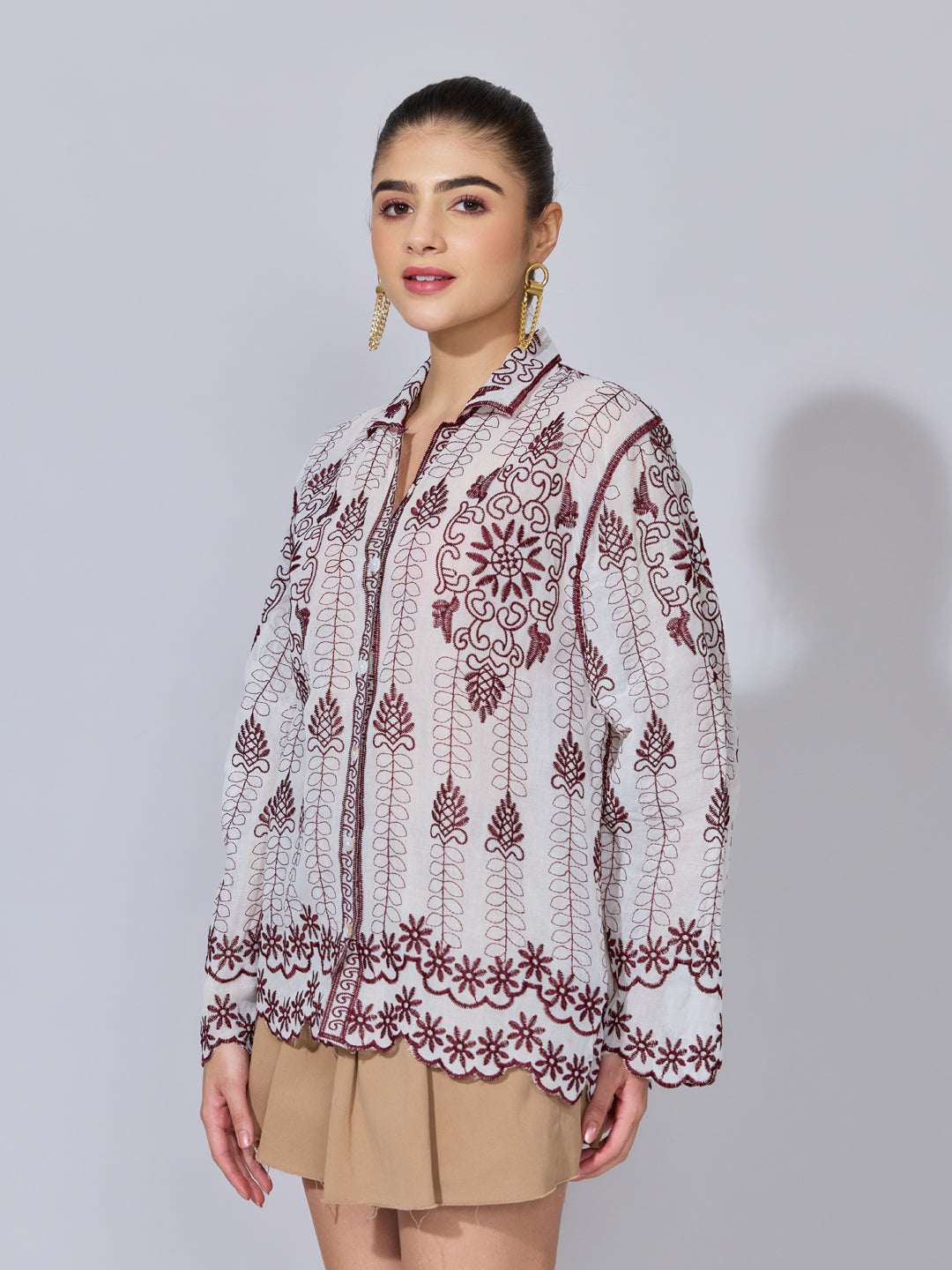 Women's Embroidered Maroon Shirt with Scalloped Hem