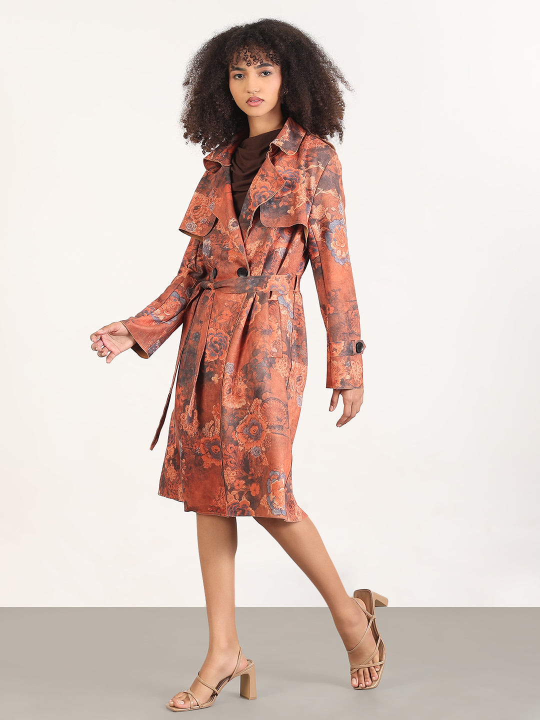 Women's Floral Rust Lapel Collar Longline Trench Coat with Fabric Belt