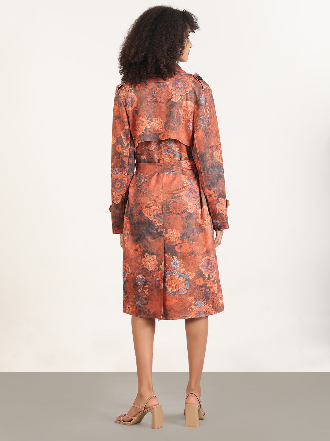 Women's Floral Rust Lapel Collar Longline Trench Coat with Fabric Belt