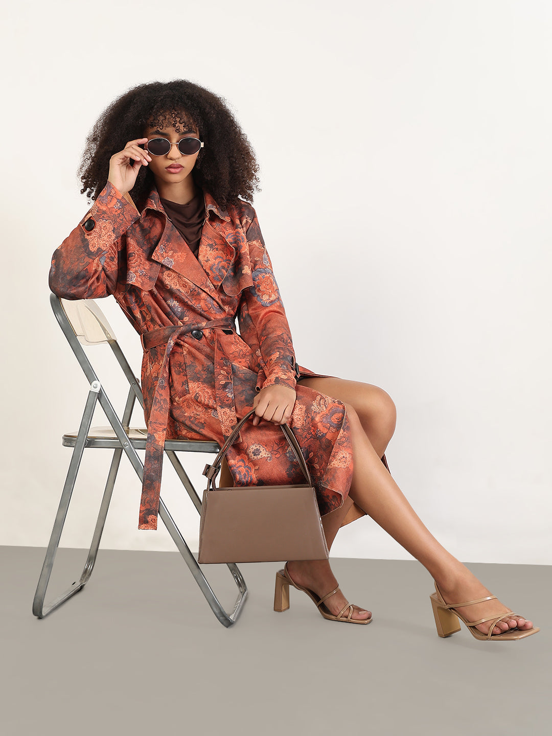 Women's Floral Rust Lapel Collar Longline Trench Coat with Fabric Belt