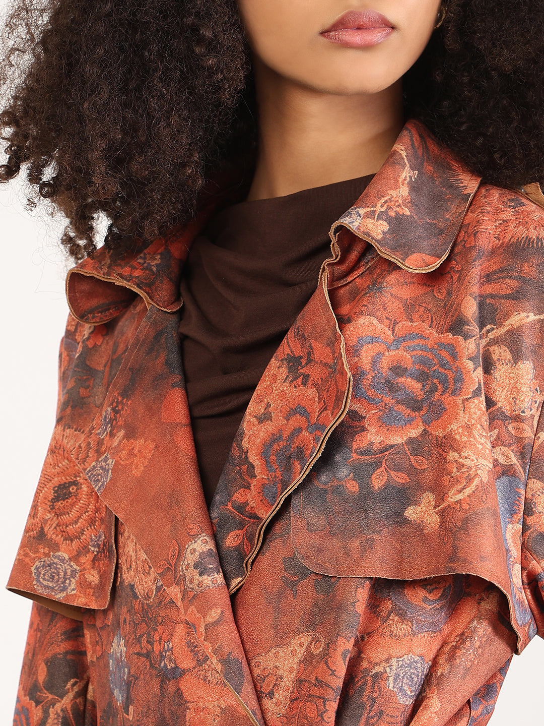 Women's Floral Rust Lapel Collar Longline Trench Coat with Fabric Belt