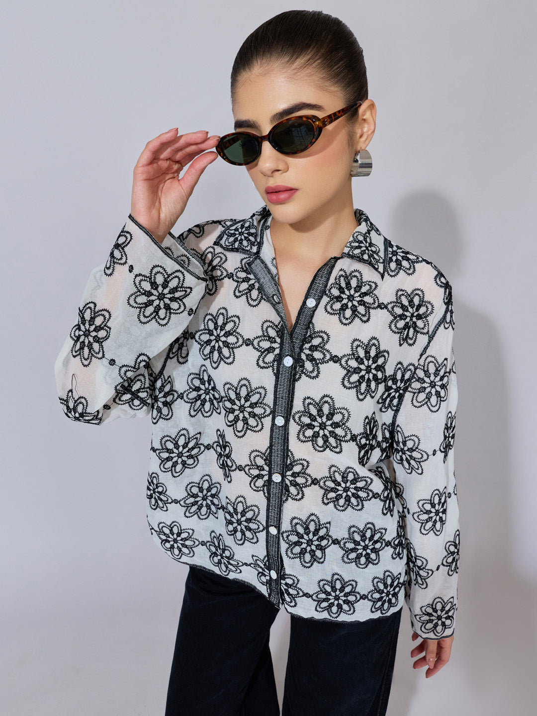 Women's Floral Embroidered Black Sheer Shirt