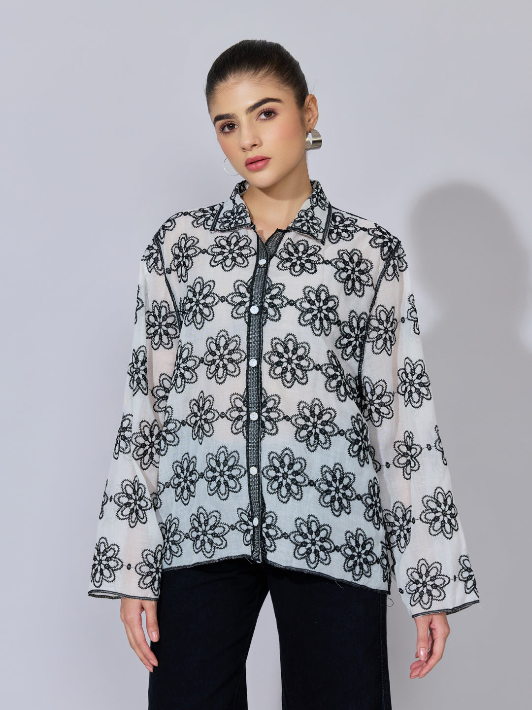 Women's Floral Embroidered Black Sheer Shirt