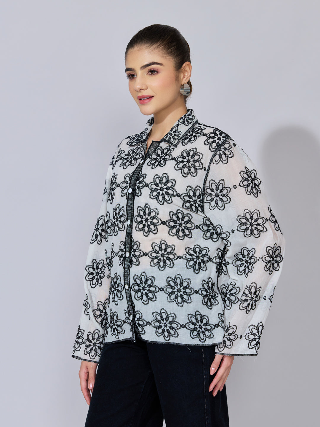 Women's Floral Embroidered Black Sheer Shirt