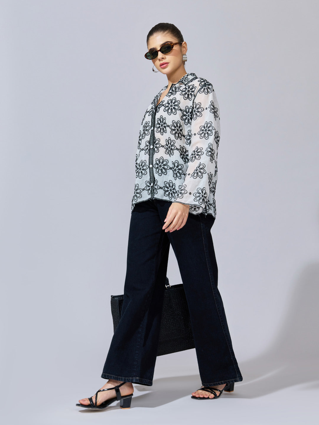 Women's Floral Embroidered Black Sheer Shirt