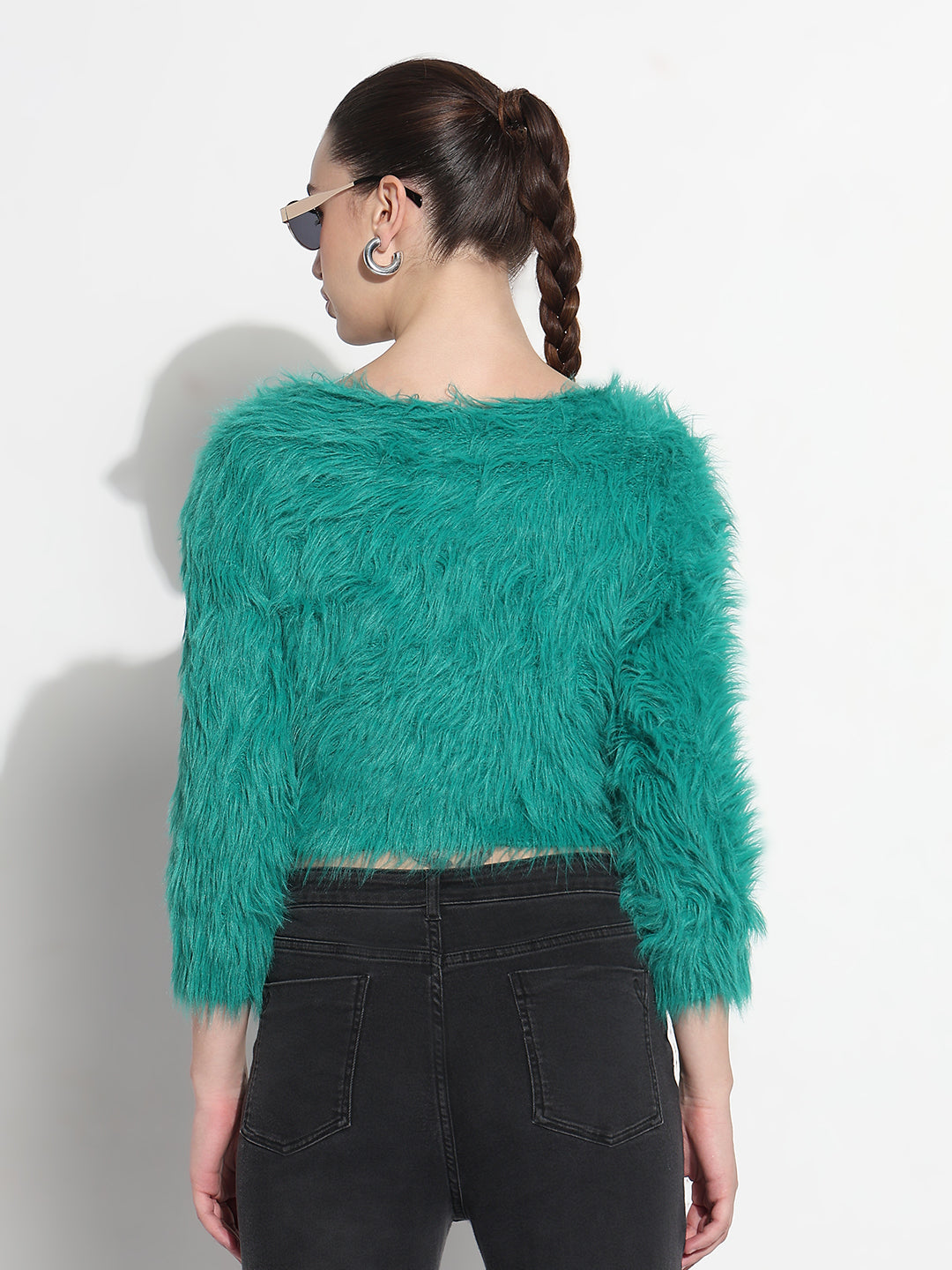 Women's Textured Green Fuzzy Crop Knit Top