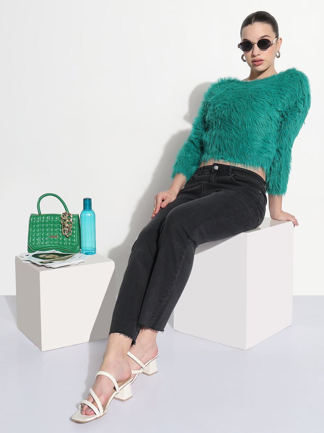 Women's Textured Green Fuzzy Crop Knit Top