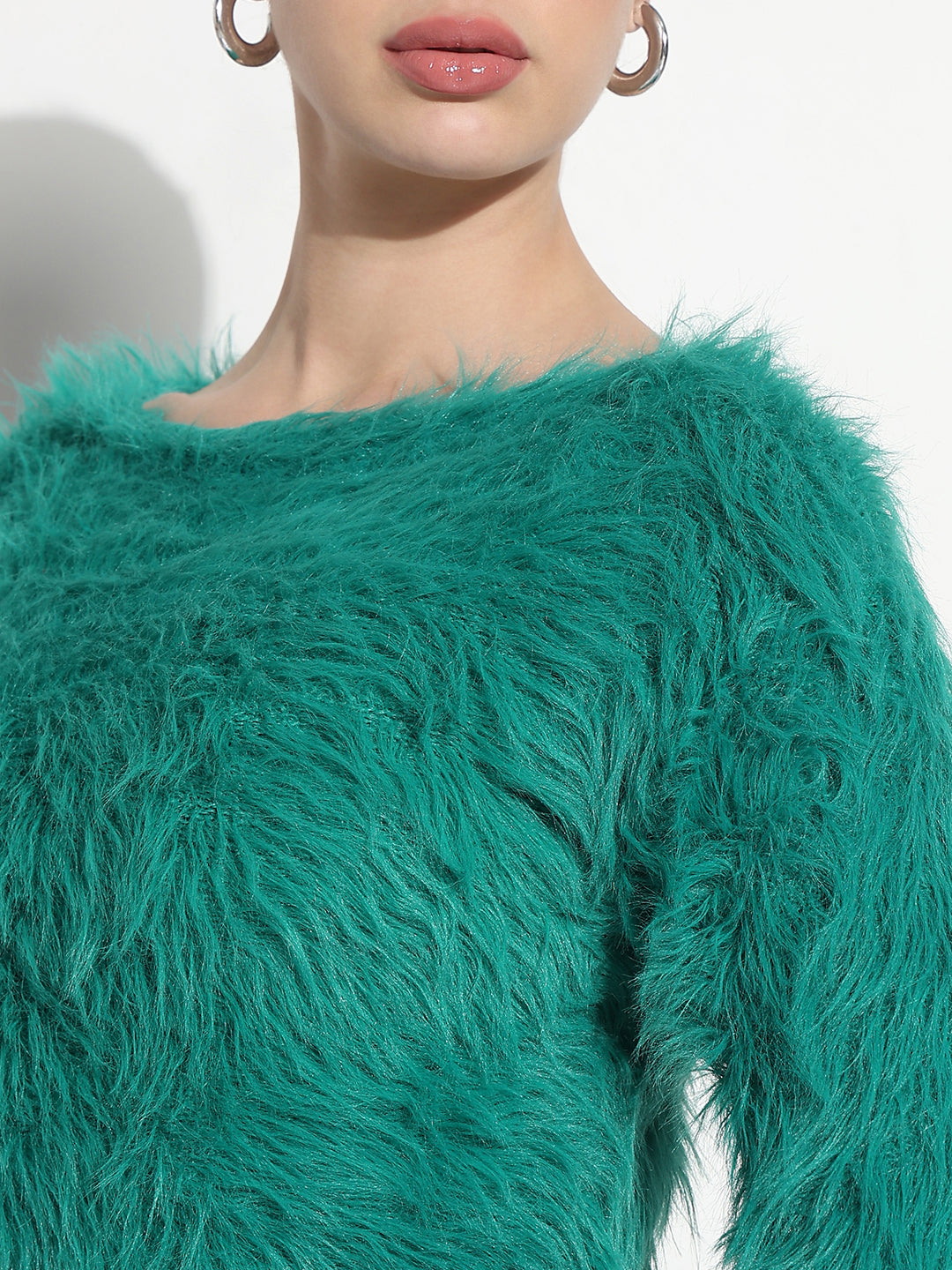 Women's Textured Green Fuzzy Crop Knit Top