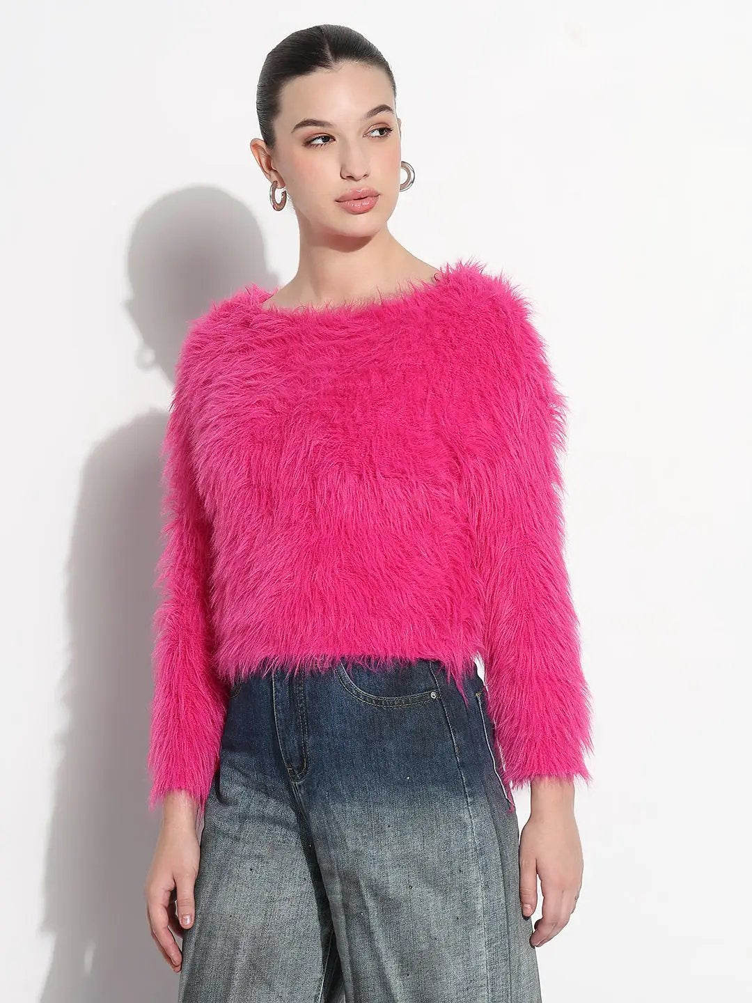 Women's Textured Pink Fuzzy Crop Knit Top - from SHOWOFFFF