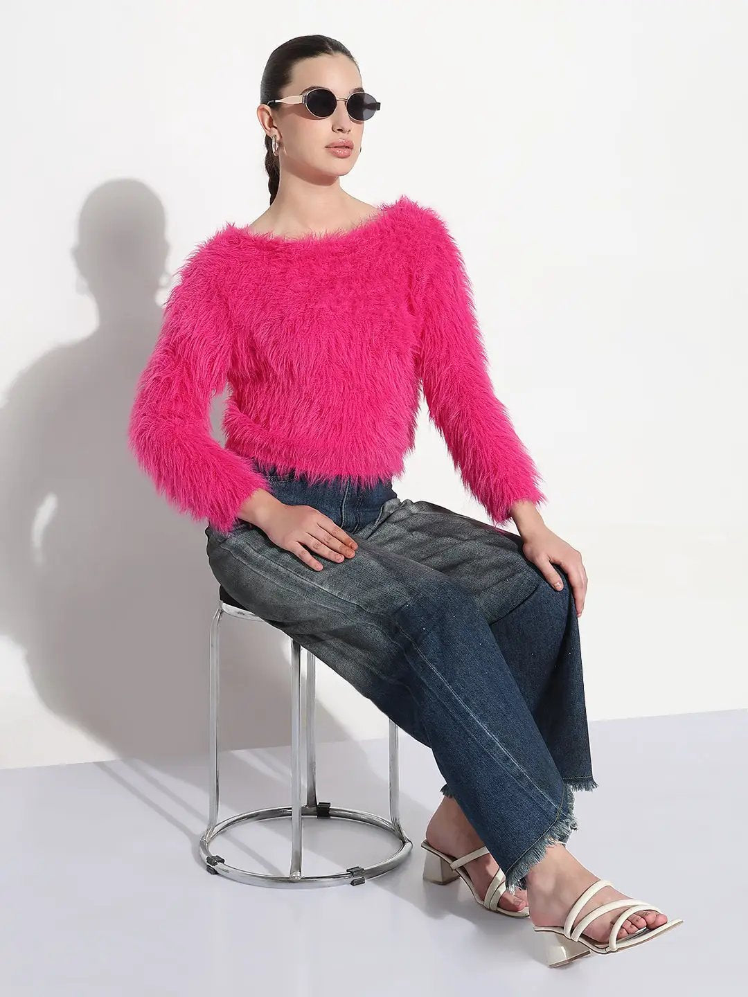 Women's Textured Pink Fuzzy Crop Knit Top - from SHOWOFFFF