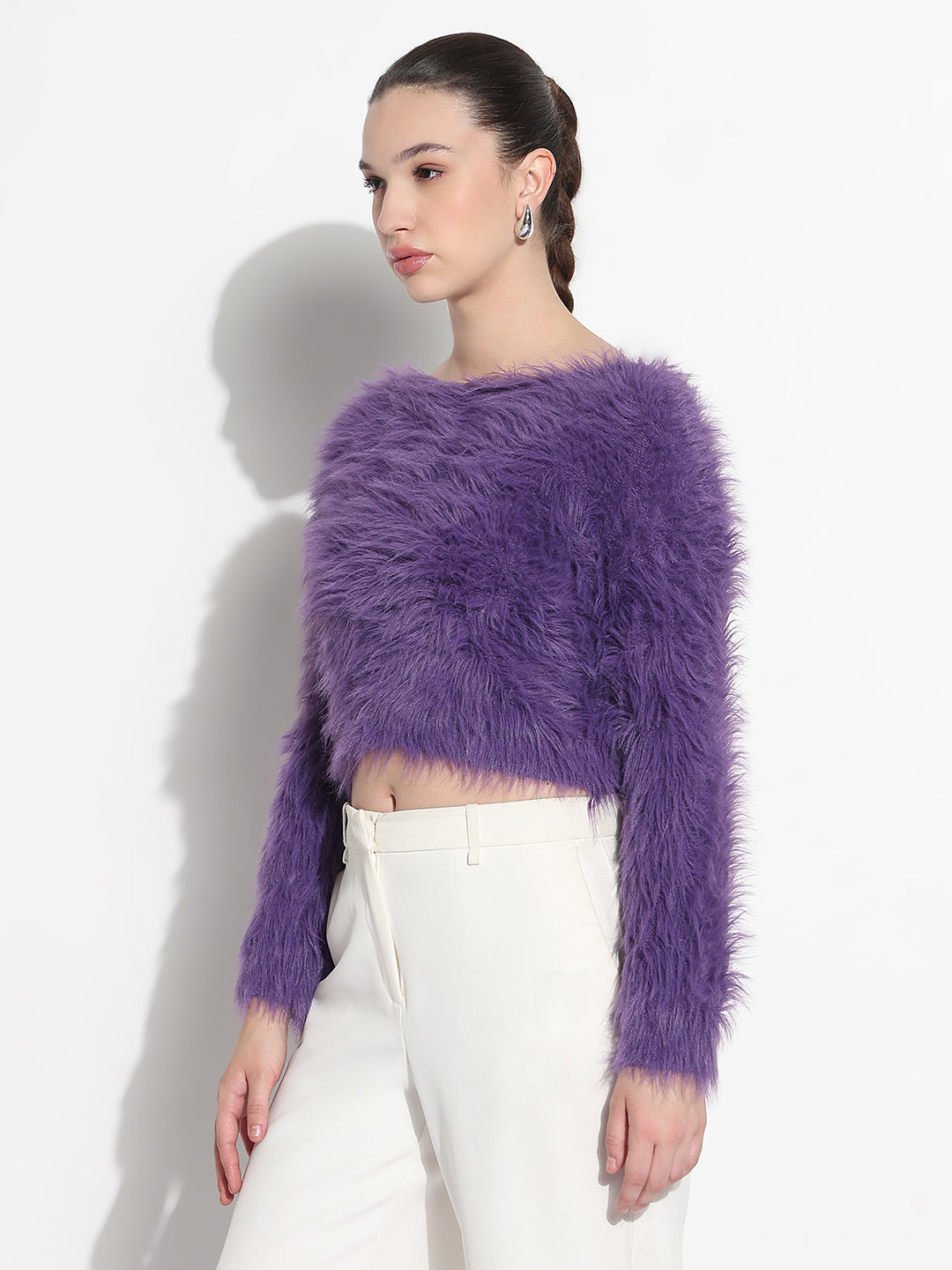 Women's Textured Purple Fuzzy Crop Knit Top