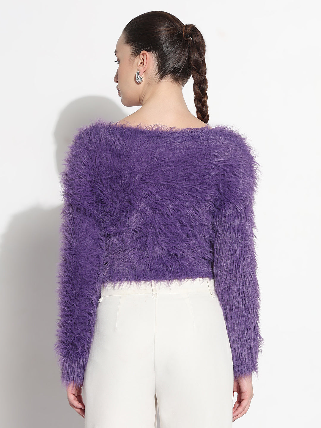 Women's Textured Purple Fuzzy Crop Knit Top