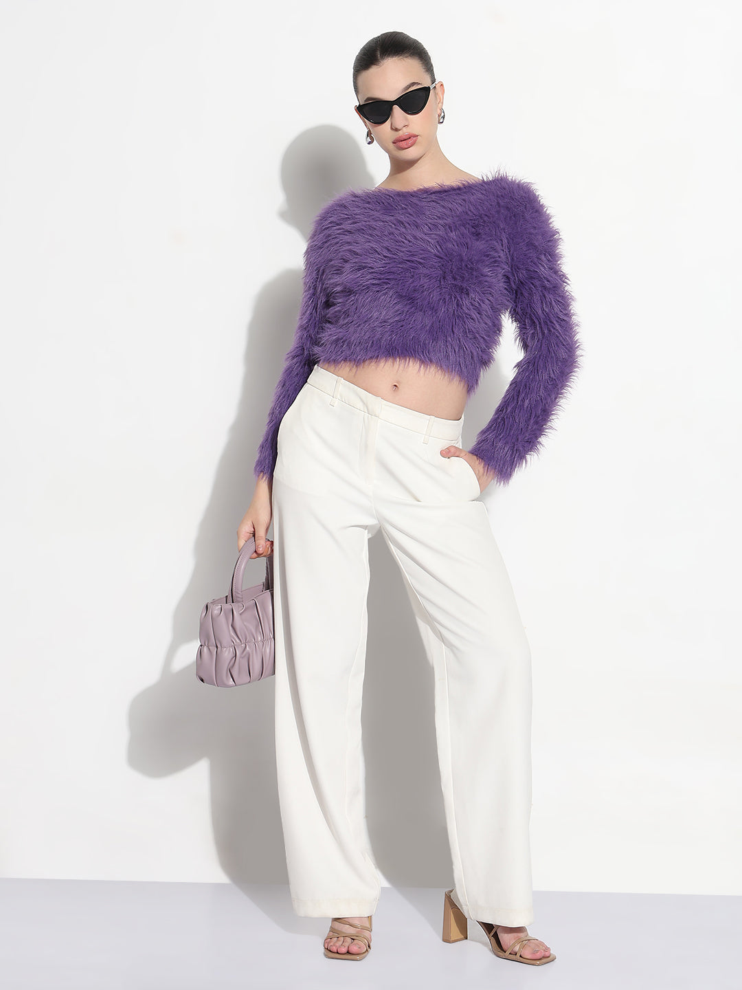 Women's Textured Purple Fuzzy Crop Knit Top