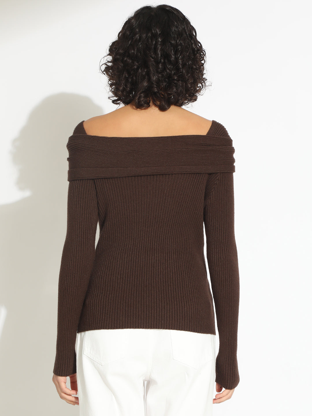 Women's Ribbed Brown Off-Shoulder Top with Shoulder Embellishment