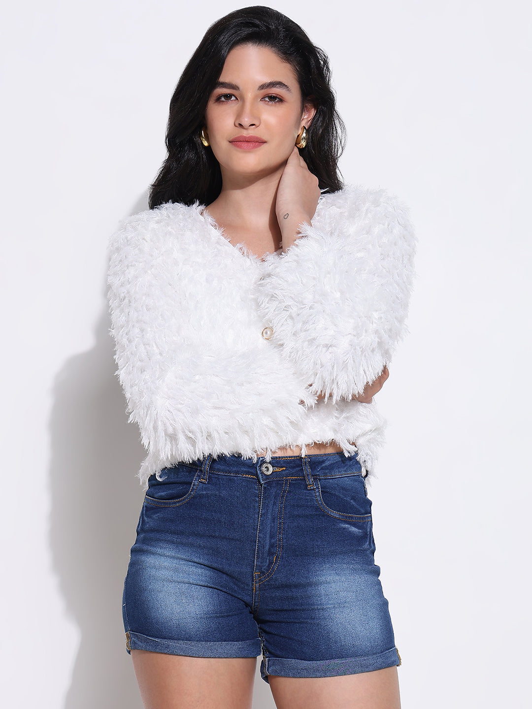 Women White Solid Crop Shrug