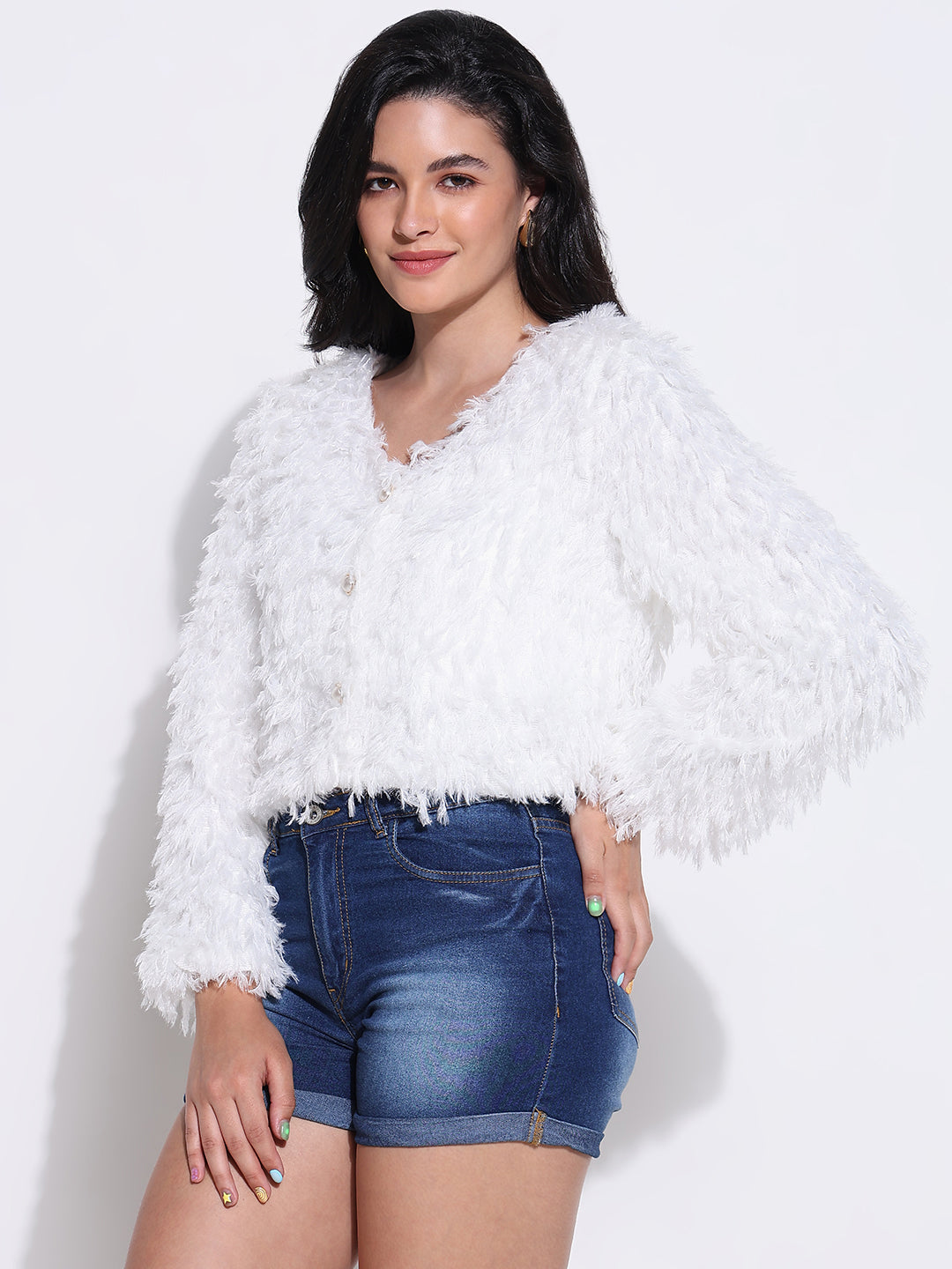 Women White Solid Crop Shrug