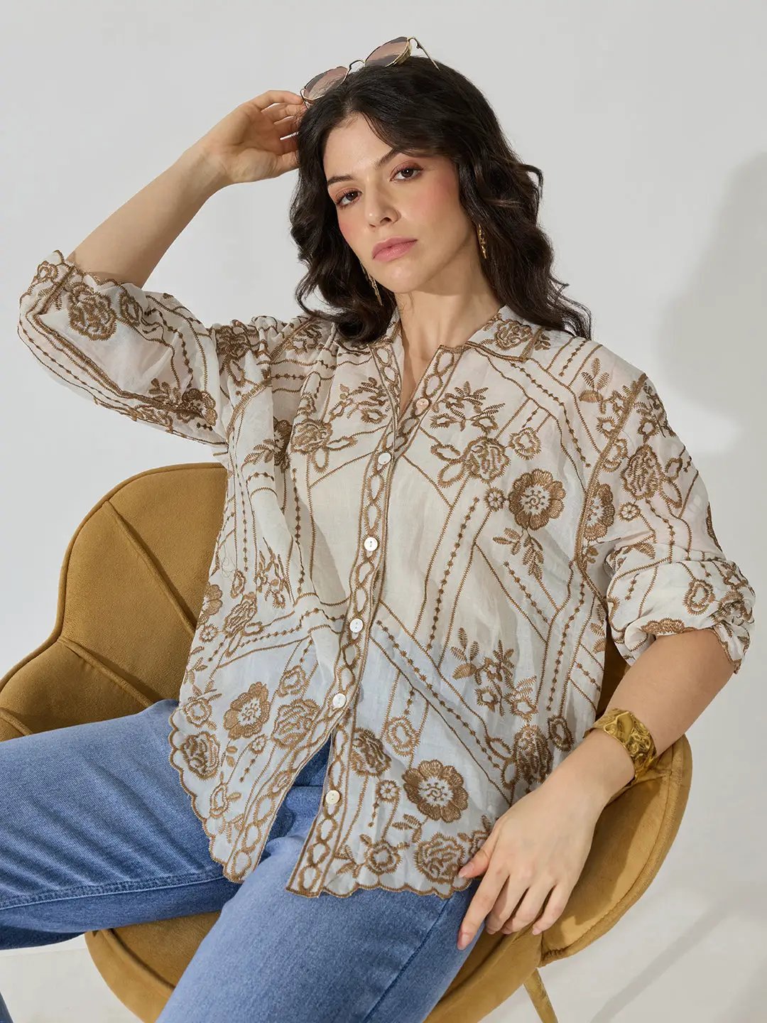 Women's Floral Embroidered Beige Sheer Shirt with Scalloped Hem