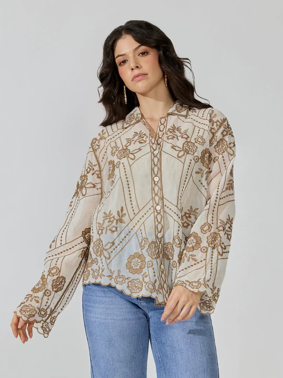 Women's Floral Embroidered Beige Sheer Shirt with Scalloped Hem