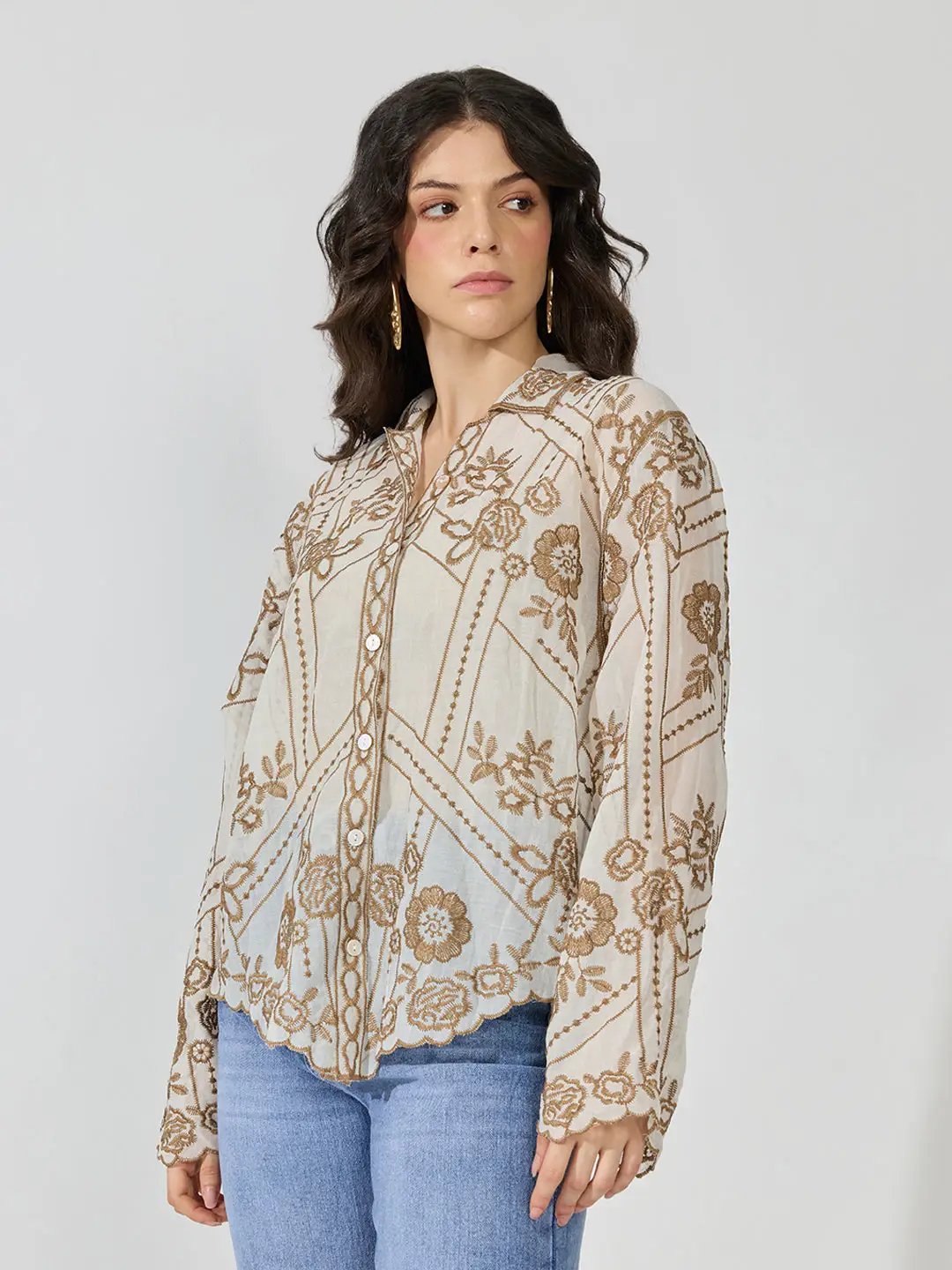 Women's Floral Embroidered Beige Sheer Shirt with Scalloped Hem