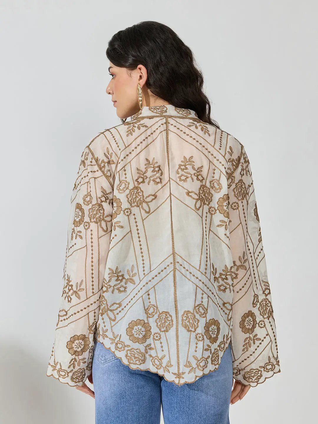 Women's Floral Embroidered Beige Sheer Shirt with Scalloped Hem