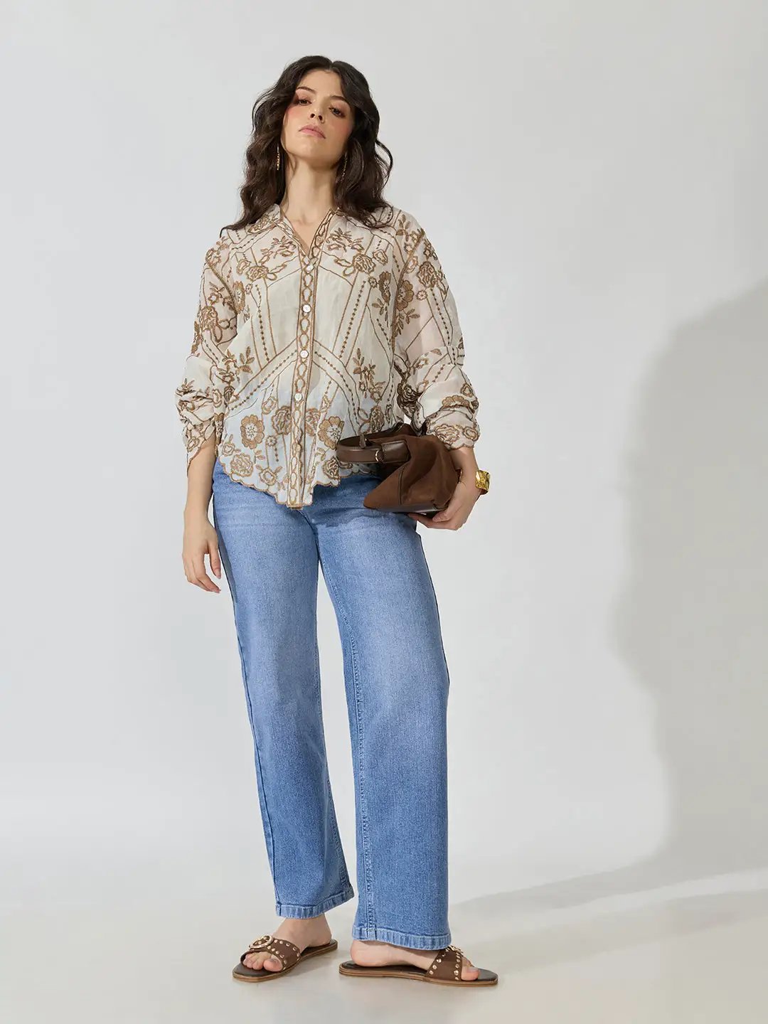 Women's Floral Embroidered Beige Sheer Shirt with Scalloped Hem