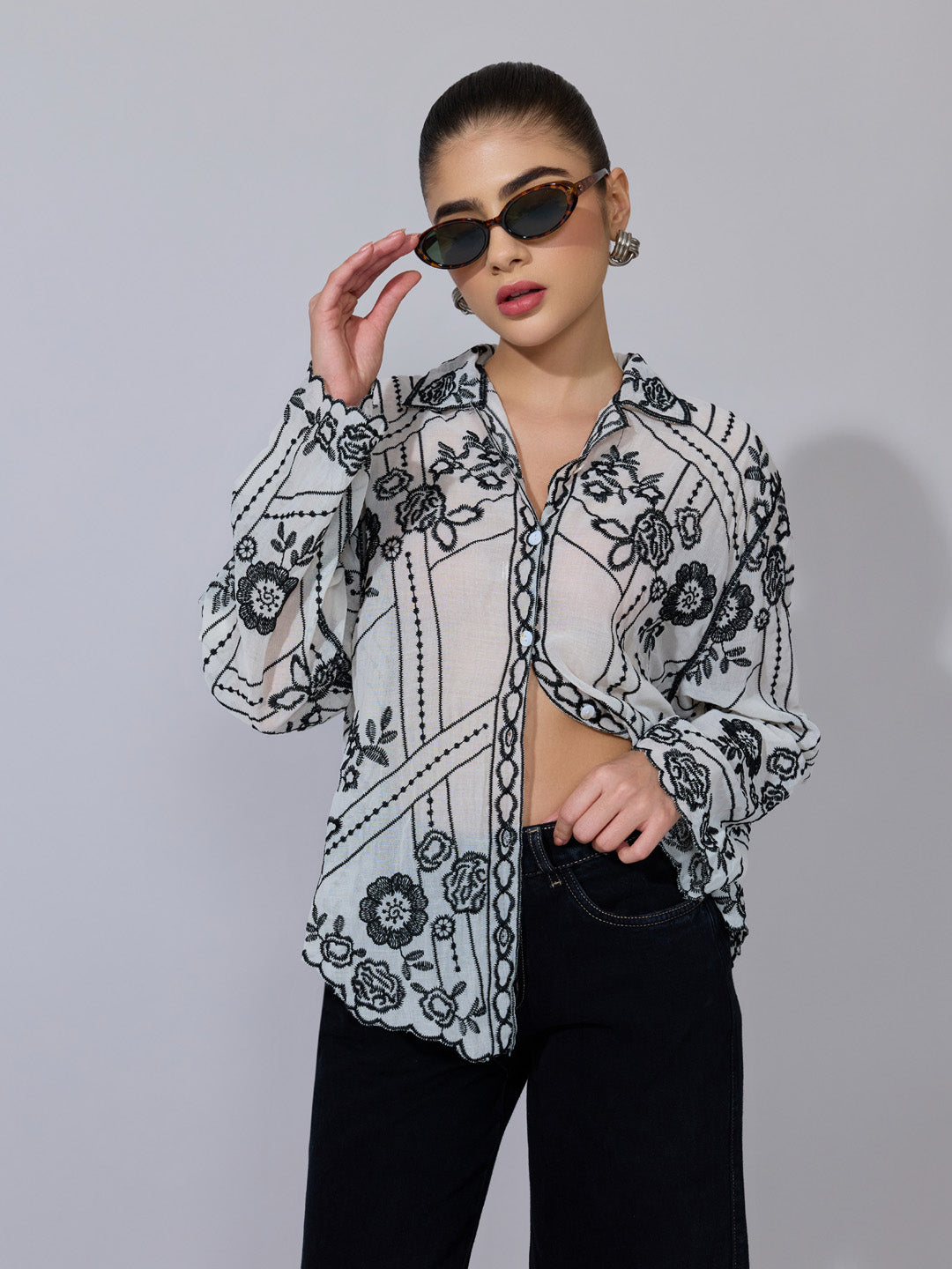 Women's Floral Embroidered Black Sheer Shirt with Scalloped Hem
