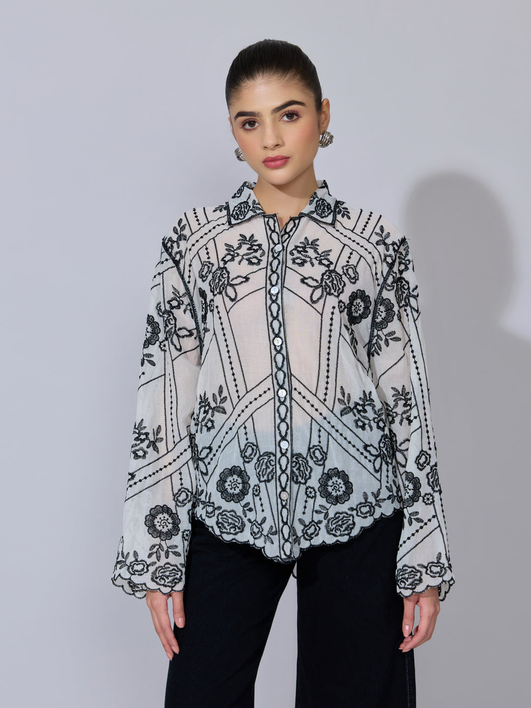 Women's Floral Embroidered Black Sheer Shirt with Scalloped Hem