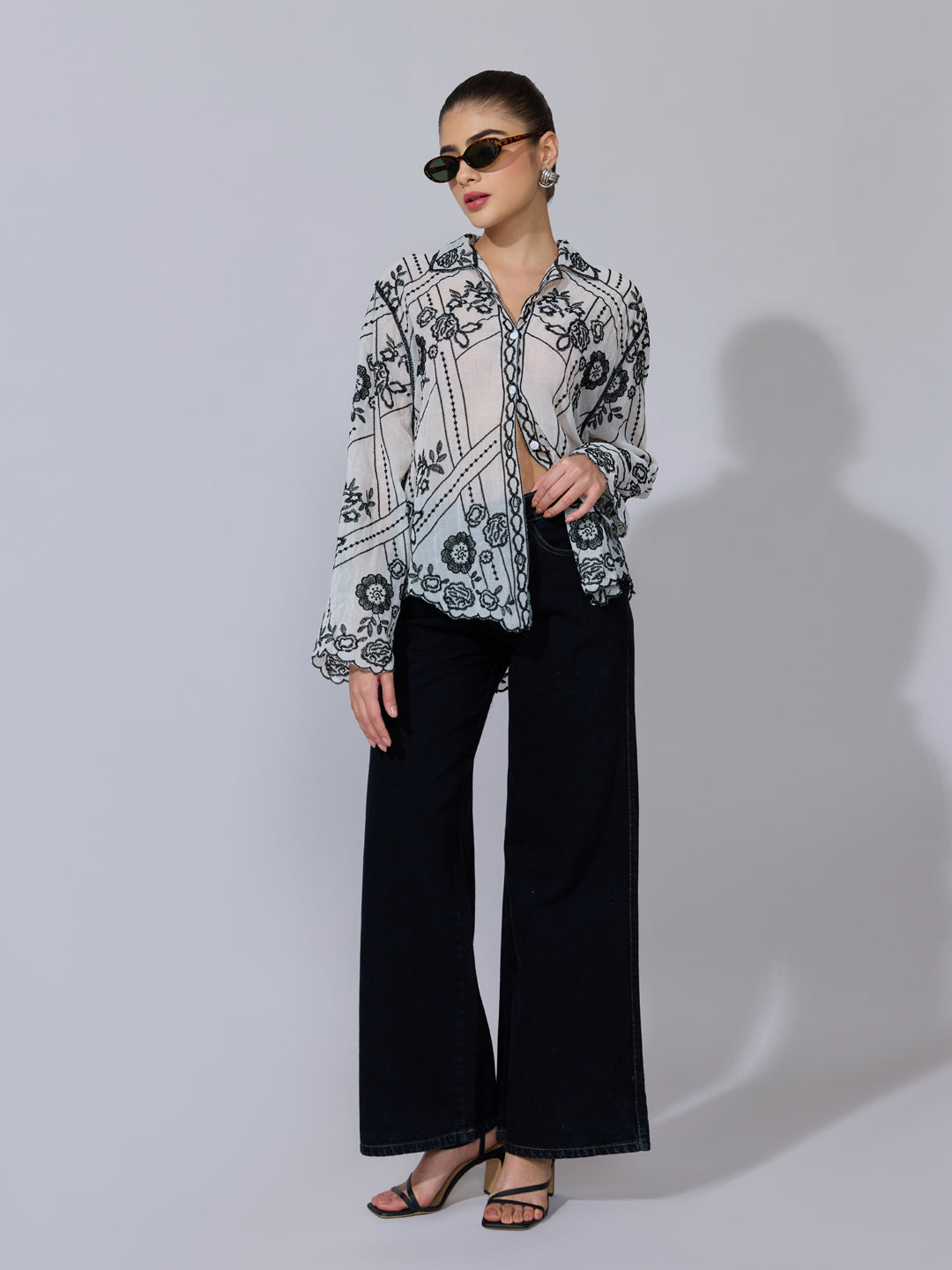 Women's Floral Embroidered Black Sheer Shirt with Scalloped Hem