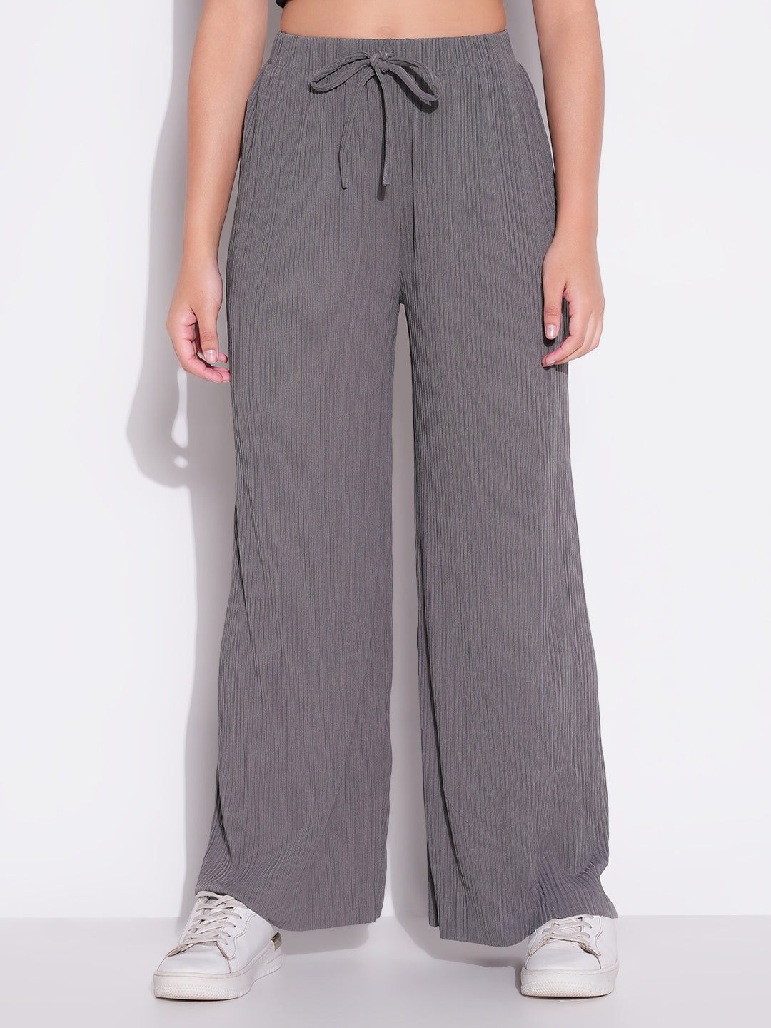 Women Grey Solid Parallel Trousers