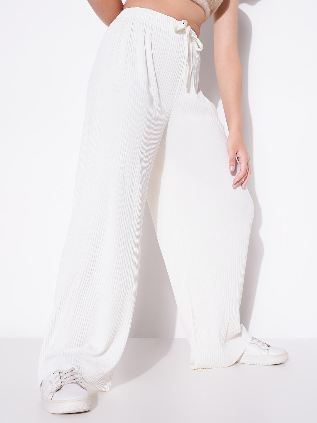 Women Off White Solid Parallel Trousers