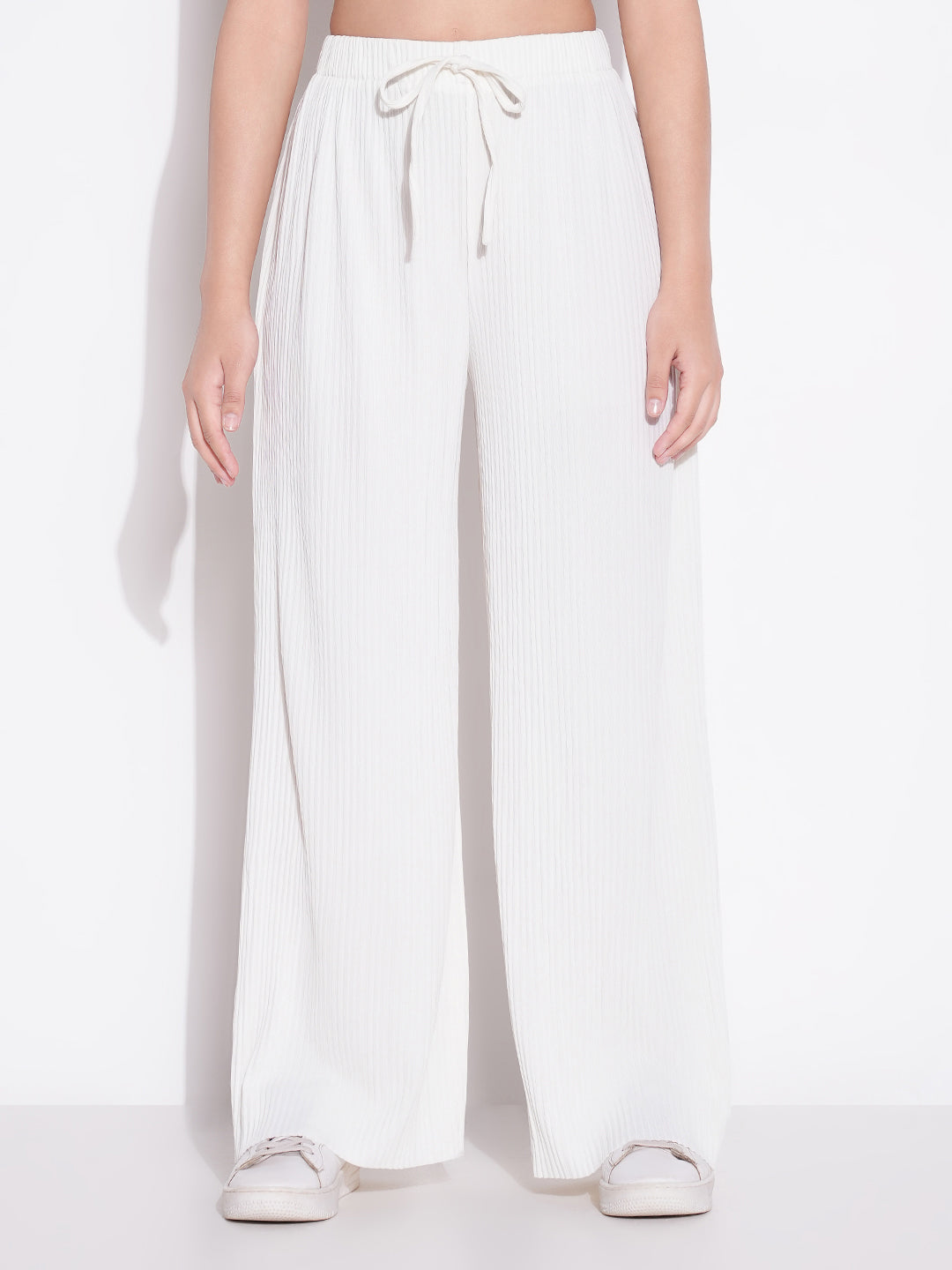 Women Off White Solid Parallel Trousers