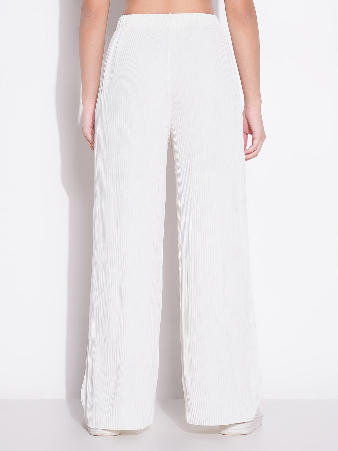 Women Off White Solid Parallel Trousers