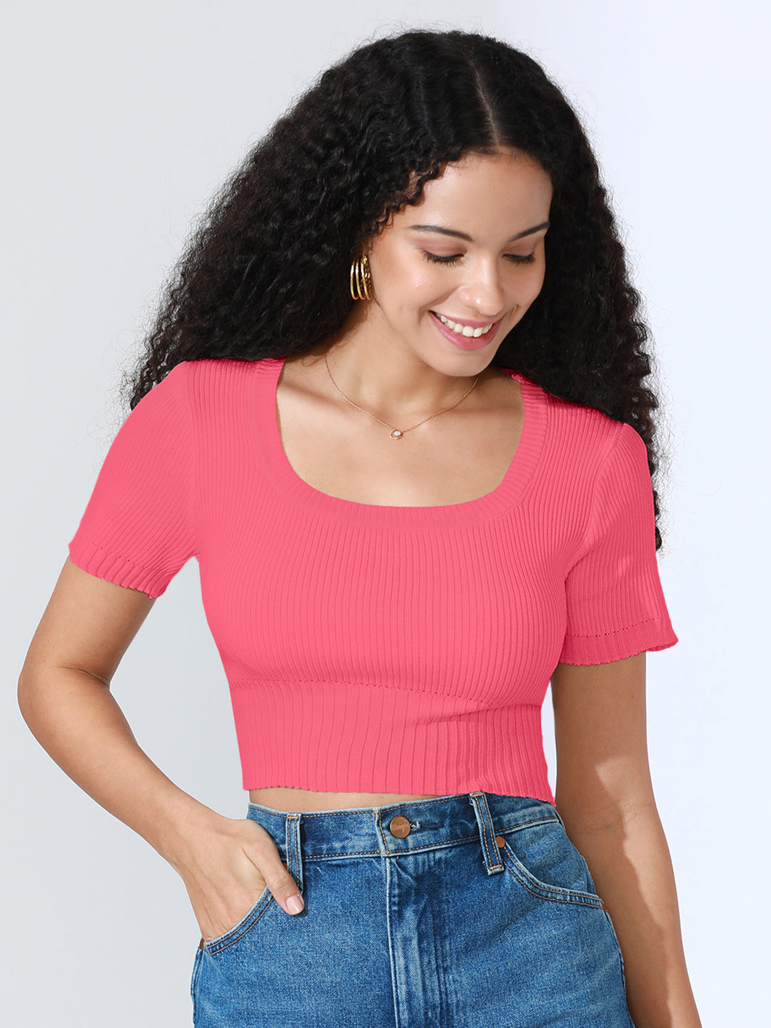 Women's Pink Fitted Ribbed Crop Top