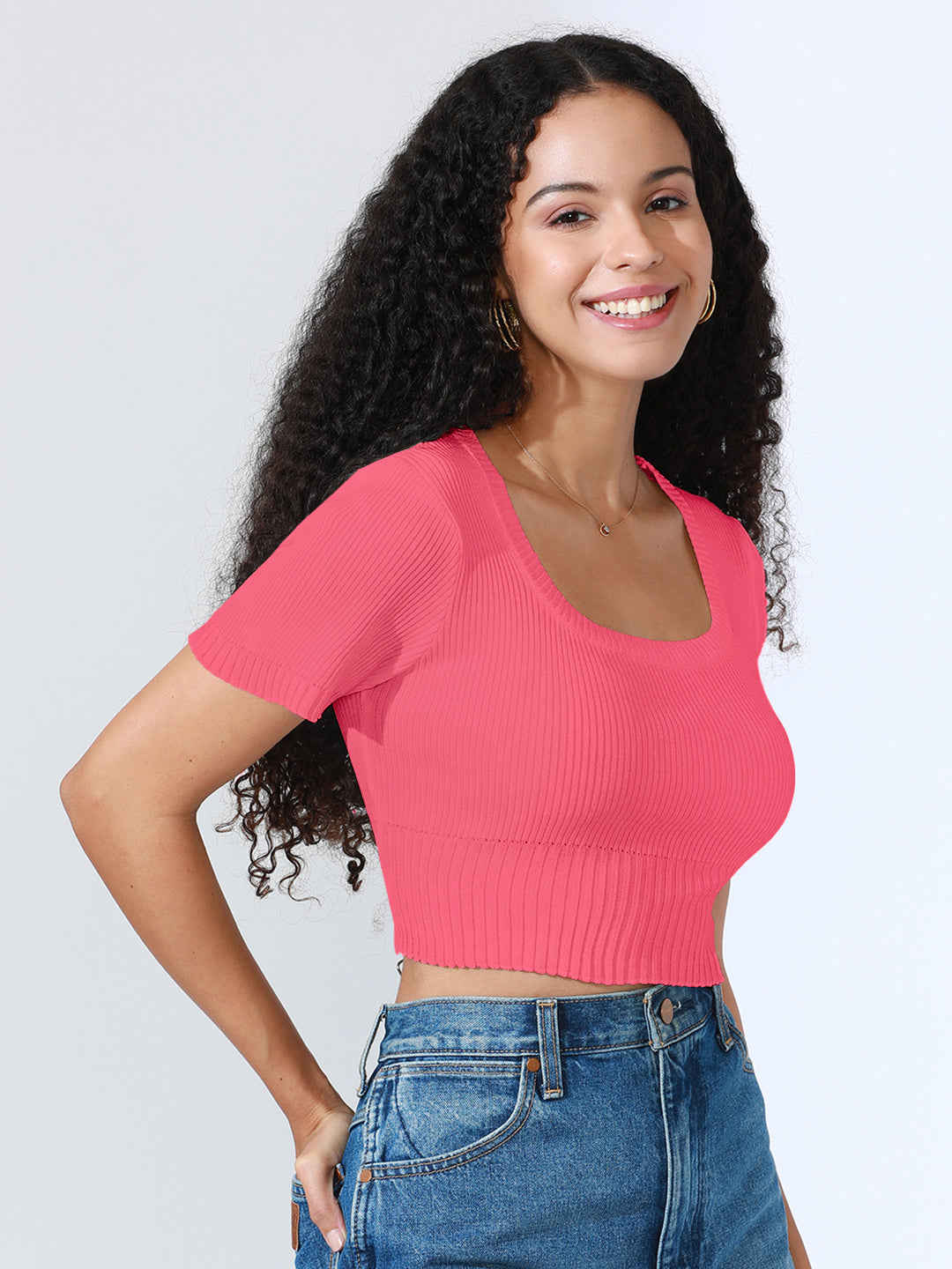 Women's Pink Fitted Ribbed Crop Top
