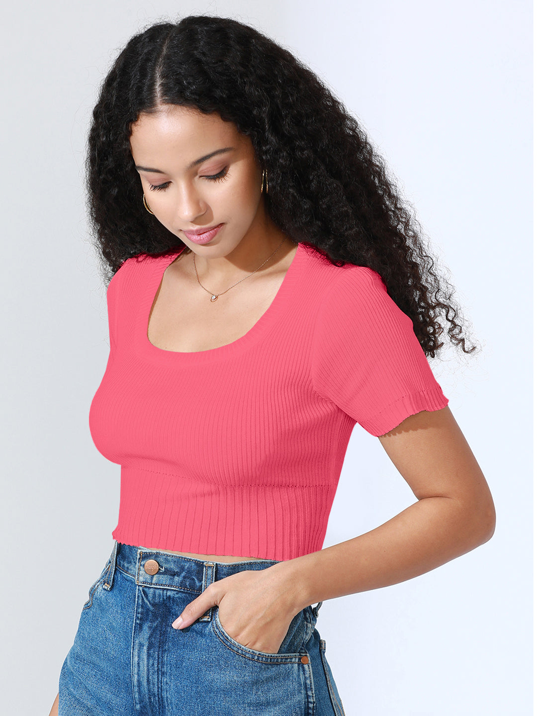 Women's Pink Fitted Ribbed Crop Top