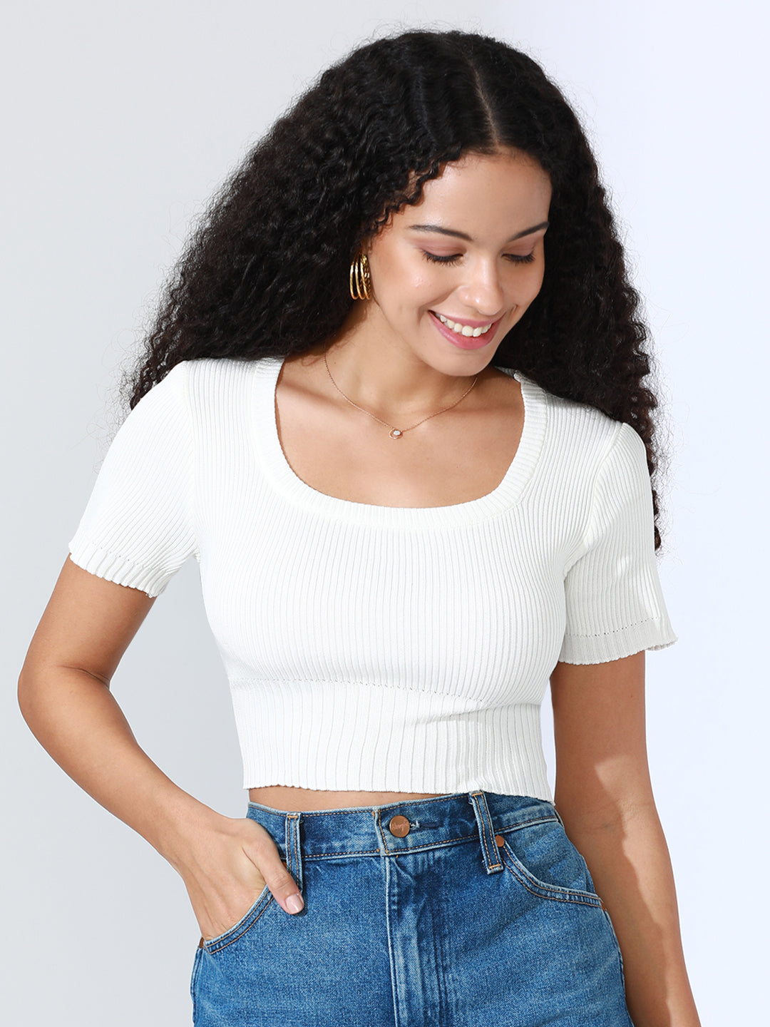 Women's Ribbed White Fitted Crop Top