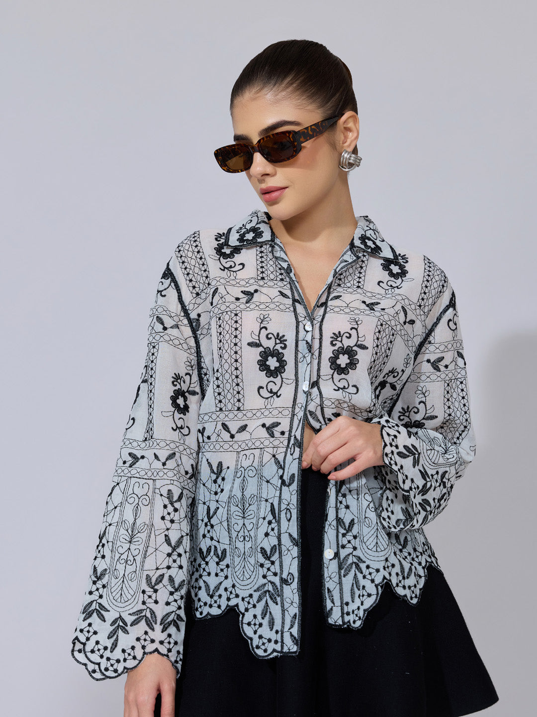 Women's Floral Embroidered Black White Sheer Shirt with Scalloped Hem