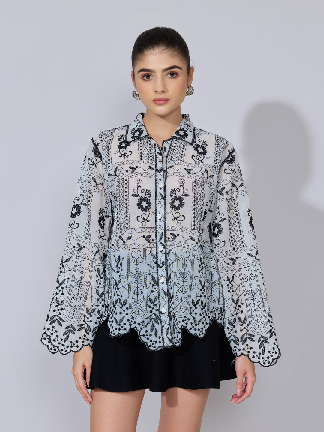Women's Floral Embroidered Black White Sheer Shirt with Scalloped Hem