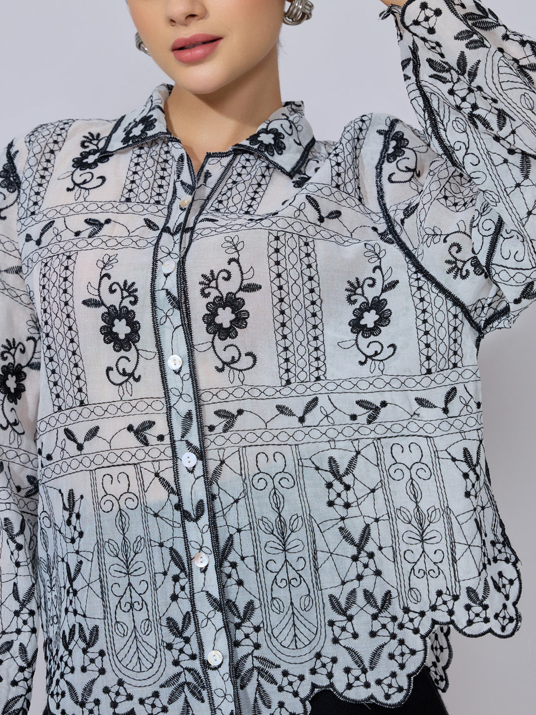 Women's Floral Embroidered Black White Sheer Shirt with Scalloped Hem