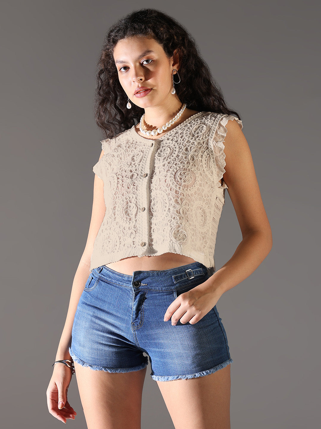 Women Cream Solid Crochet Crop Top